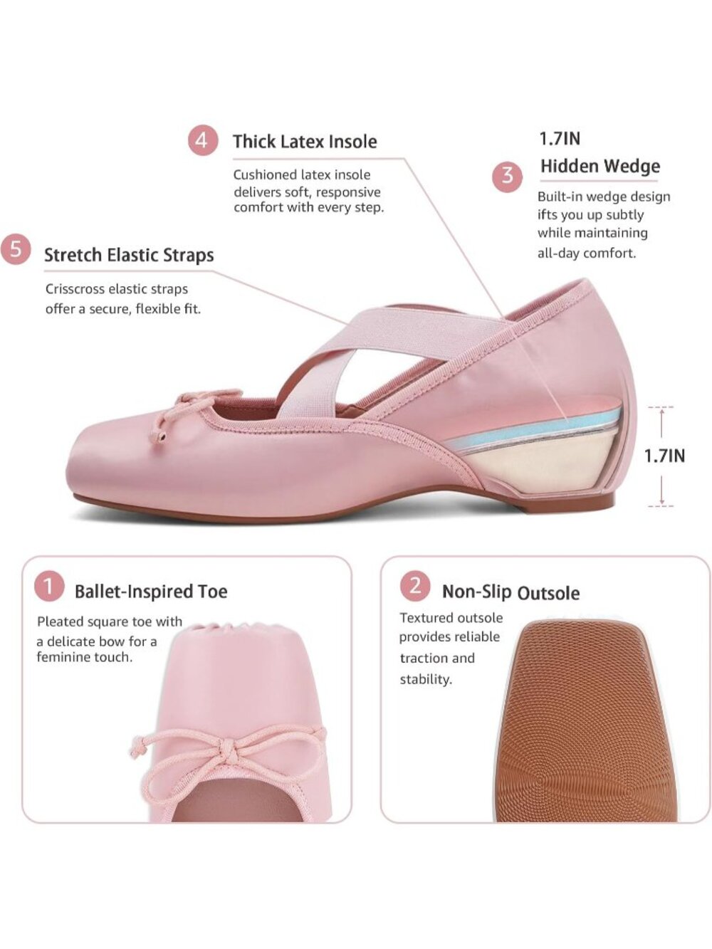 Women's Pink Square Toe Soft Strap Low Wedge Comfortable Walking Ballet Flats - Picture 7 of 7